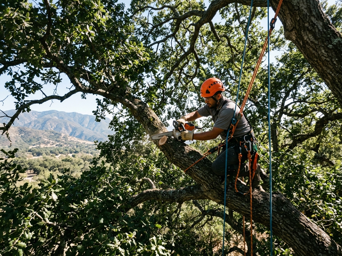 Precision oak tree canopy trimming in Prather CA
